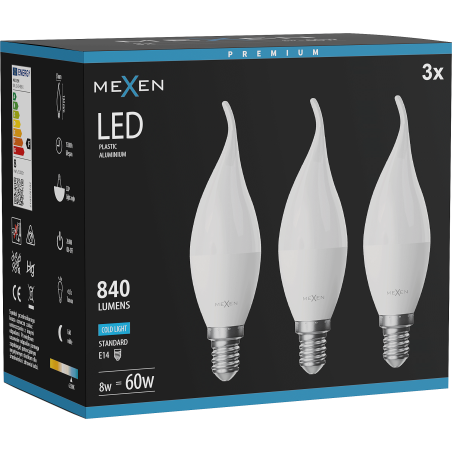Mexen Nova 3x LED крушка пламък E14, C37, 8W, Студена - 6500K, 840 lm - L106-E14-0865-01x03