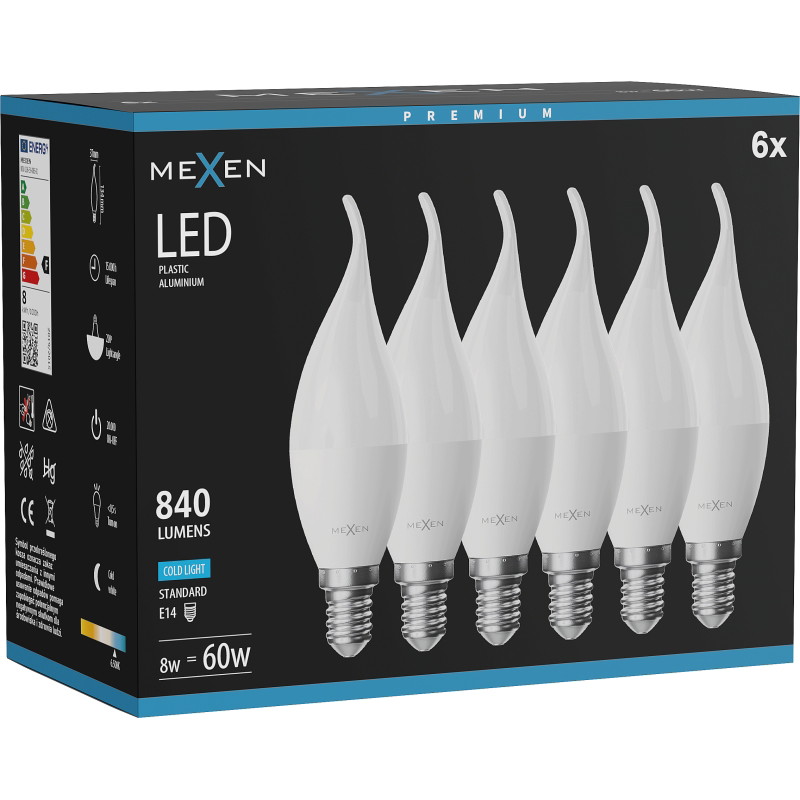 Mexen Nova 6x LED крушка пламък E14, C37, 8W, Студена - 6500K, 840 lm - L106-E14-0865-01x06