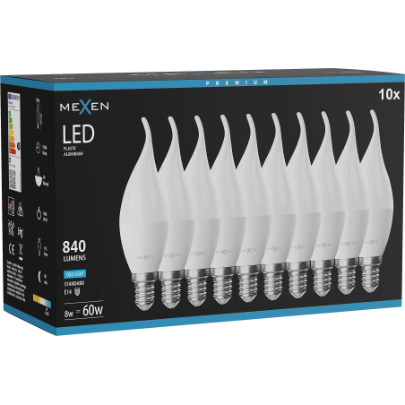 Mexen Nova 10x LED крушка пламъче E14, C37, 8W, Студена - 6500K, 840 lm - L106-E14-0865-01x10