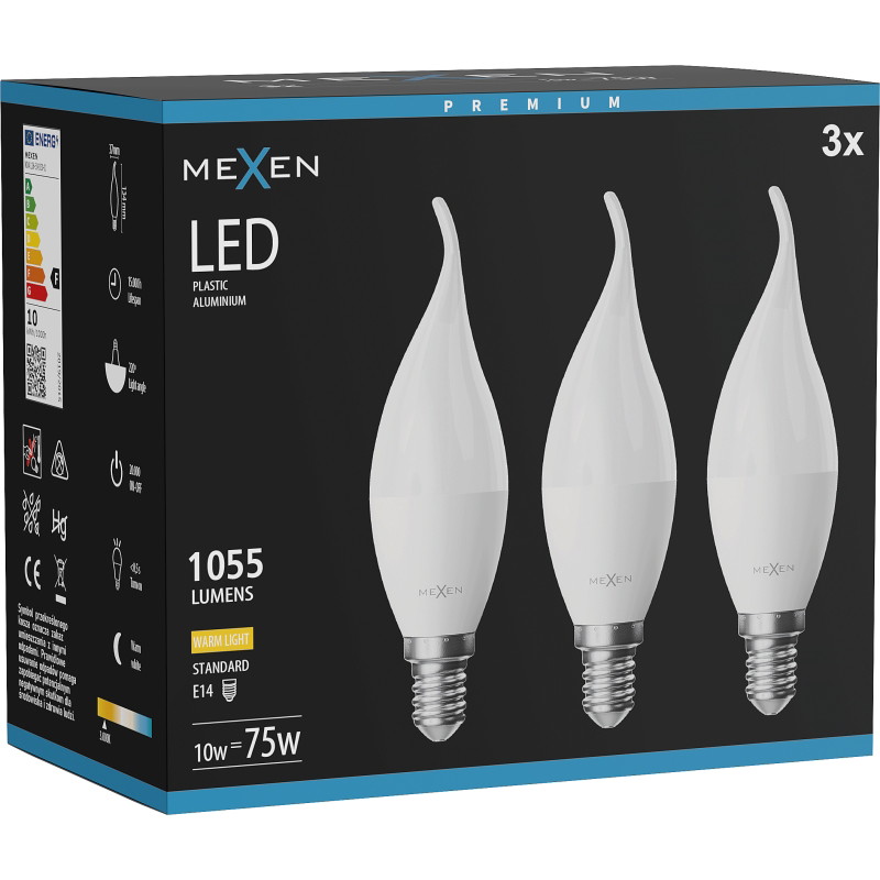 Mexen Nova 3x LED крушка пламък E14, C37, 10W, Топла - 3000K, 1055 lm - L106-E14-1030-01x03