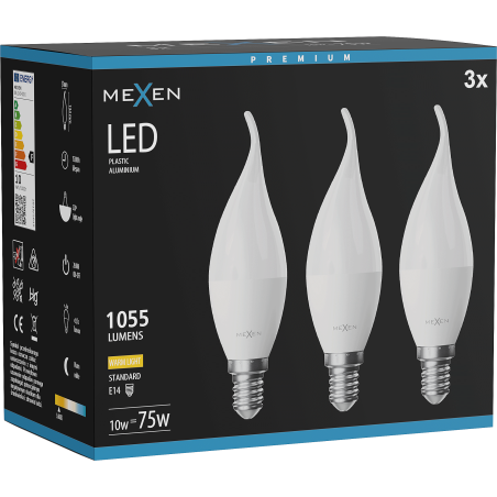 Mexen Nova 3x LED крушка пламък E14, C37, 10W, Топла - 3000K, 1055 lm - L106-E14-1030-01x03