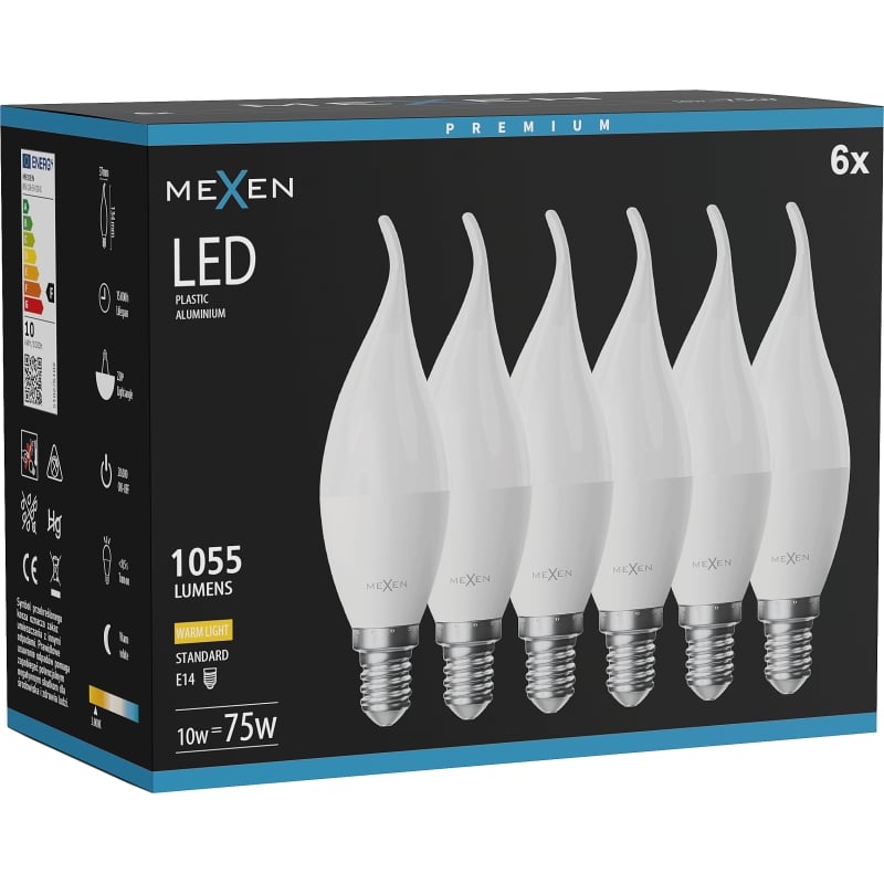 Mexen Nova 6x LED крушка пламък E14, C37, 10W, Топла - 3000K, 1055 lm - L106-E14-1030-01x06