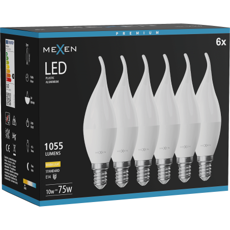 Mexen Nova 6x LED крушка пламък E14, C37, 10W, Топла - 3000K, 1055 lm - L106-E14-1030-01x06