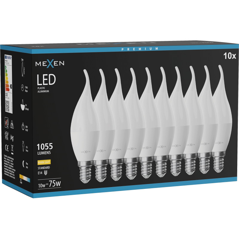 Mexen Nova 10x LED крушка пламък E14, C37, 10W, Топла - 3000K, 1055 lm - L106-E14-1030-01x10