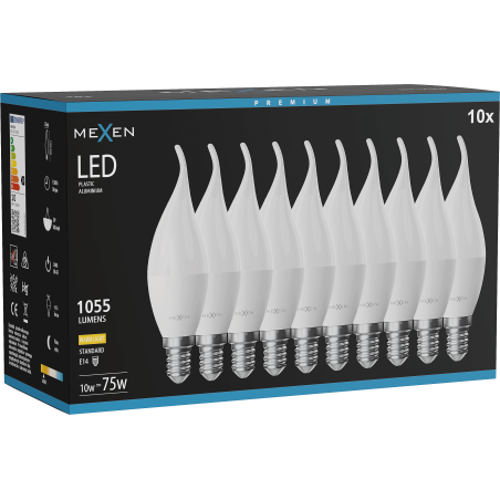 Mexen Nova 10x LED крушка пламък E14, C37, 10W, Топла - 3000K, 1055 lm - L106-E14-1030-01x10