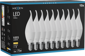 Mexen Nova 10x LED крушка пламък E14, C37, 10W, Топла - 3000K, 1055 lm - L106-E14-1030-01x10