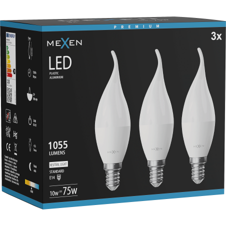 Mexen Nova 3x LED крушка пламък E14, C37, 10W, Неутрална - 4000K, 1055 lm - L106-E14-1040-01x03