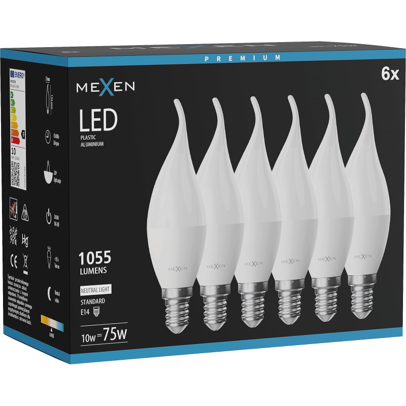 Mexen Nova 6x LED крушка пламък E14, C37, 10W, Неутрална - 4000K, 1055 lm - L106-E14-1040-01x06
