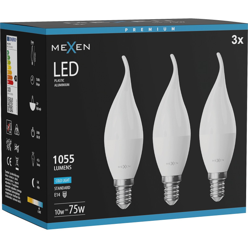 Mexen Nova 3x LED крушка пламък E14, C37, 10W, Студена - 6500K, 1055 lm - L106-E14-1065-01x03