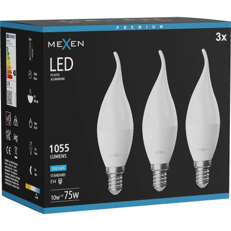 Mexen Nova 3x LED крушка пламък E14, C37, 10W, Студена - 6500K, 1055 lm - L106-E14-1065-01x03