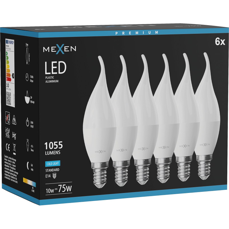 Mexen Nova 6x LED крушка пламък E14, C37, 10W, Студена - 6500K, 1055 lm - L106-E14-1065-01x06