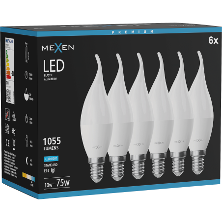 Mexen Nova 6x LED крушка пламък E14, C37, 10W, Студена - 6500K, 1055 lm - L106-E14-1065-01x06