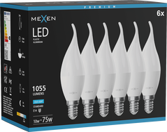 Mexen Nova 6x LED крушка пламък E14, C37, 10W, Студена - 6500K, 1055 lm - L106-E14-1065-01x06