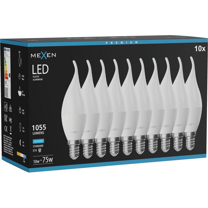 Mexen Nova 10x LED крушка пламък E14, C37, 10W, Студена - 6500K, 1055 lm - L106-E14-1065-01x10