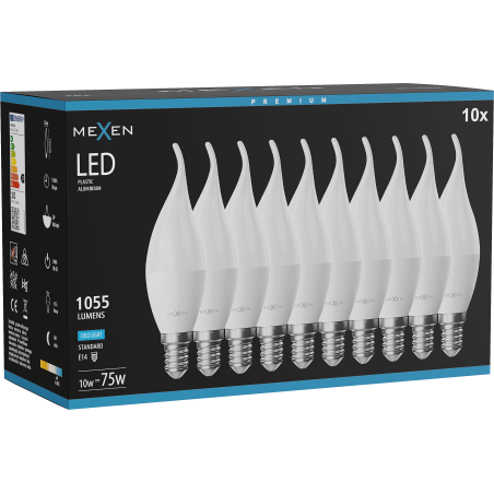 Mexen Nova 10x LED крушка пламък E14, C37, 10W, Студена - 6500K, 1055 lm - L106-E14-1065-01x10