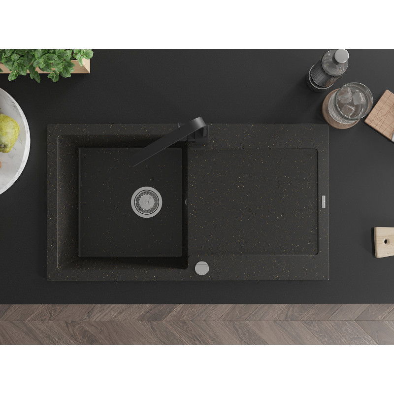 Mexen Leo еднокоморна кухненска мивка с отцедник и кухненски смесител Rita, черно/златен металик - 6501-75-670300-70