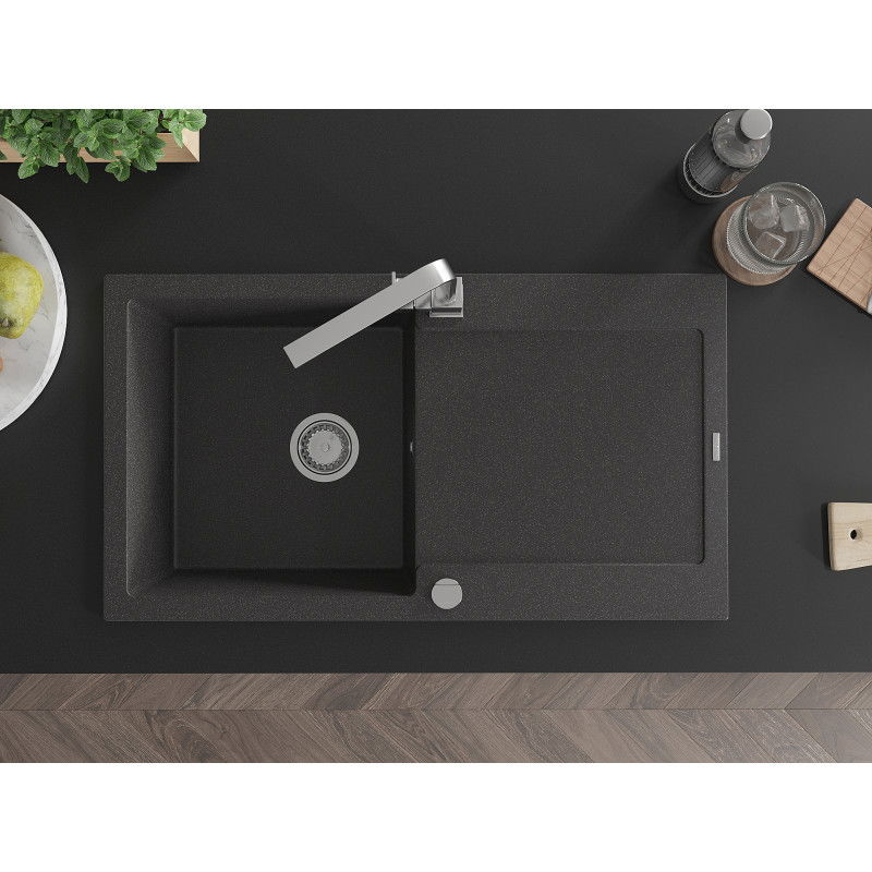 Mexen Leo мивка от гранит с 1 камера с отцедник и кухненски смесител Rita, черен на пръски - 6501-76-670300-00