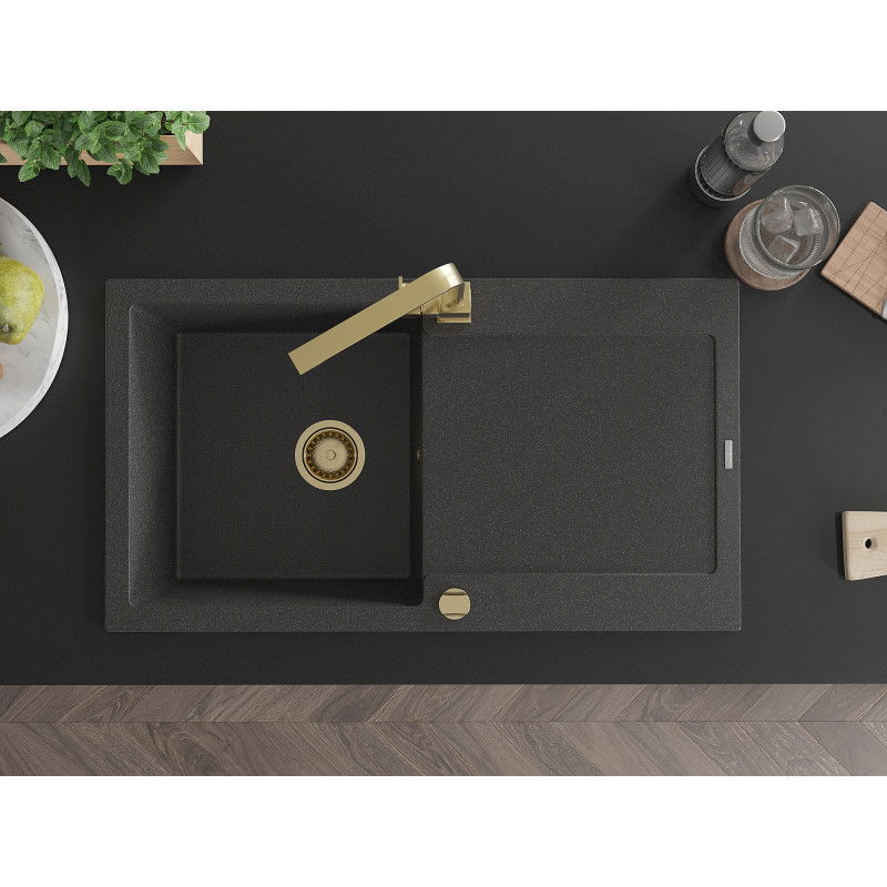 Mexen Leo гранитна мивка с 1 гнездо и отцеждачка и кухненски смесител Rita, черно на петна - 6501-76-670300-50