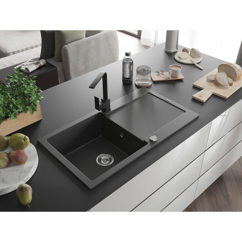 Mexen Leo кухненска мивка от гранит с 1 отделение с ръб и кухненски смесител Rita, черен на пръски - 6501-76-670300-70