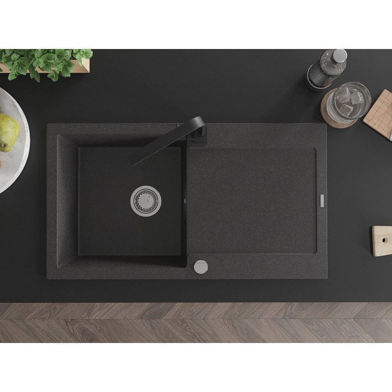 Mexen Leo кухненска мивка от гранит с 1 отделение с ръб и кухненски смесител Rita, черен на пръски - 6501-76-670300-70