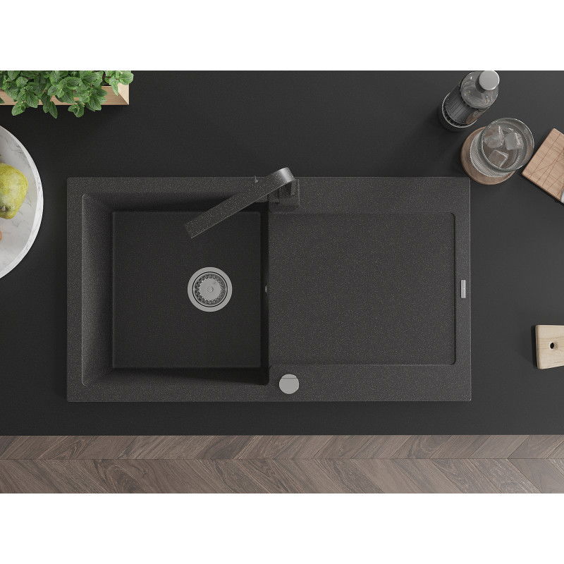 Mexen Leo гранитна мивка с 1 отделение с отцедник и кухненски смесител Rita, черно на пръски - 6501-76-670300-76