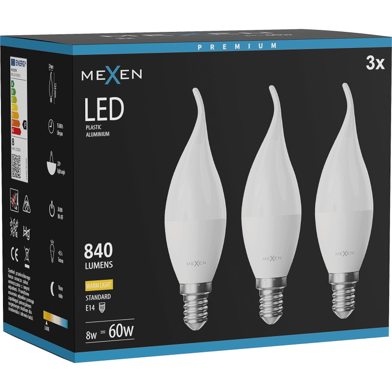 Mexen Nova 3x LED крушка пламък E14, C37, 8W, Топла - 3000K, 840 lm - L106-E14-0830-01x03