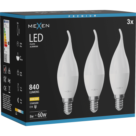 Mexen Nova 3x LED крушка пламък E14, C37, 8W, Топла - 3000K, 840 lm - L106-E14-0830-01x03