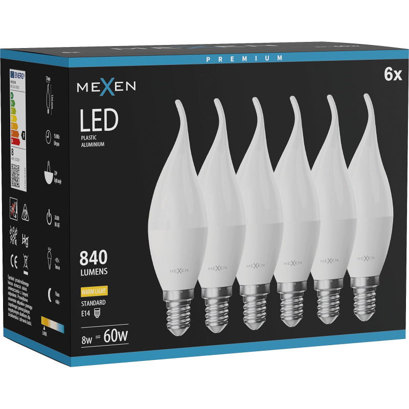 Mexen Nova 6x LED крушка пламък E14, C37, 8W, Топла - 3000K, 840 lm - L106-E14-0830-01x06