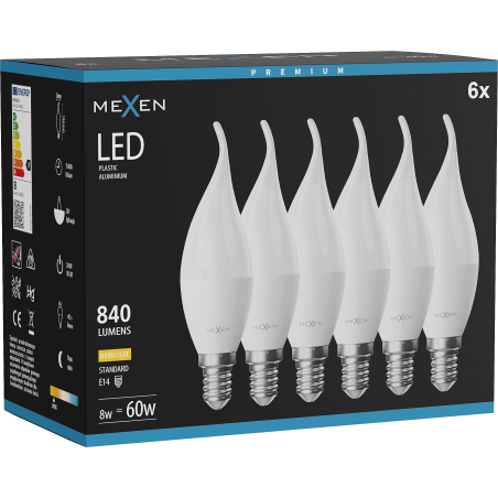 Mexen Nova 6x LED крушка пламък E14, C37, 8W, Топла - 3000K, 840 lm - L106-E14-0830-01x06