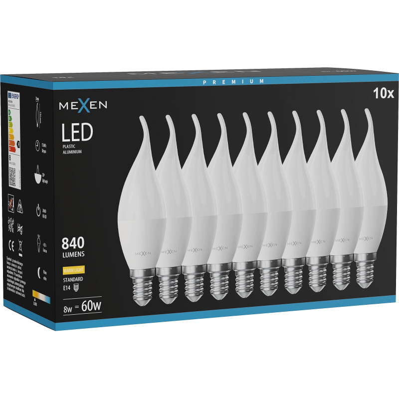 Mexen Nova 10x LED крушка пламък E14, C37, 8W, Топла - 3000K, 840 lm - L106-E14-0830-01x10