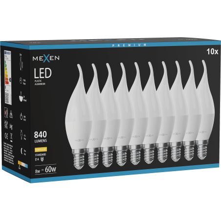 Mexen Nova 10x LED крушка пламък E14, C37, 8W, Топла - 3000K, 840 lm - L106-E14-0830-01x10