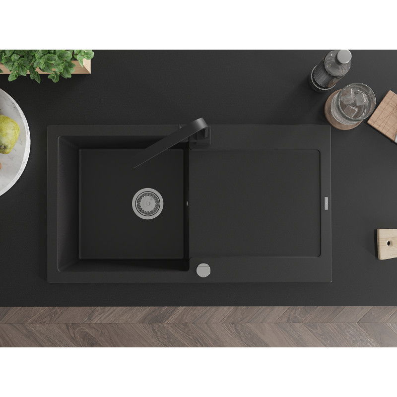 Mexen Leo гранитна кухненска мивка с 1 отделение, отцедник и кухненски смесител Rita, черен - 6501-77-670300-70