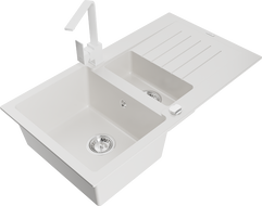 Mexen Matias гранитна мивка с 1,5 отделения с отцедник и кухненски кран Rita, бял - 6502-20-670300-20
