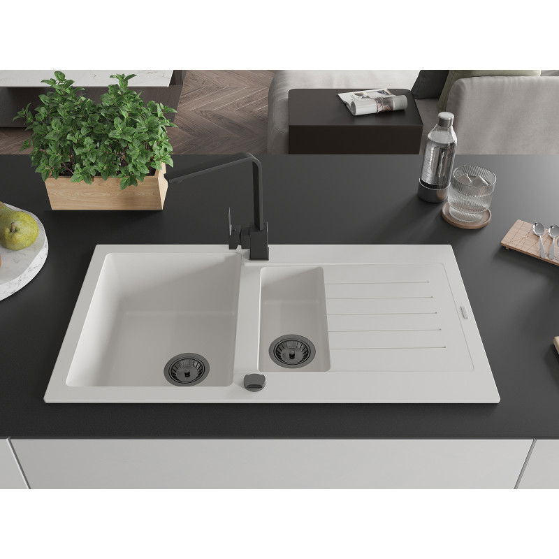 Mexen Matias гранитна мивка с 1,5 камери с изцедник и кухненски смесител Rita, бял - 6502-20-670300-70
