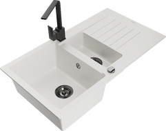 Mexen Matias гранитна мивка с 1,5 камери с изцедник и кухненски смесител Rita, бял - 6502-20-670300-70