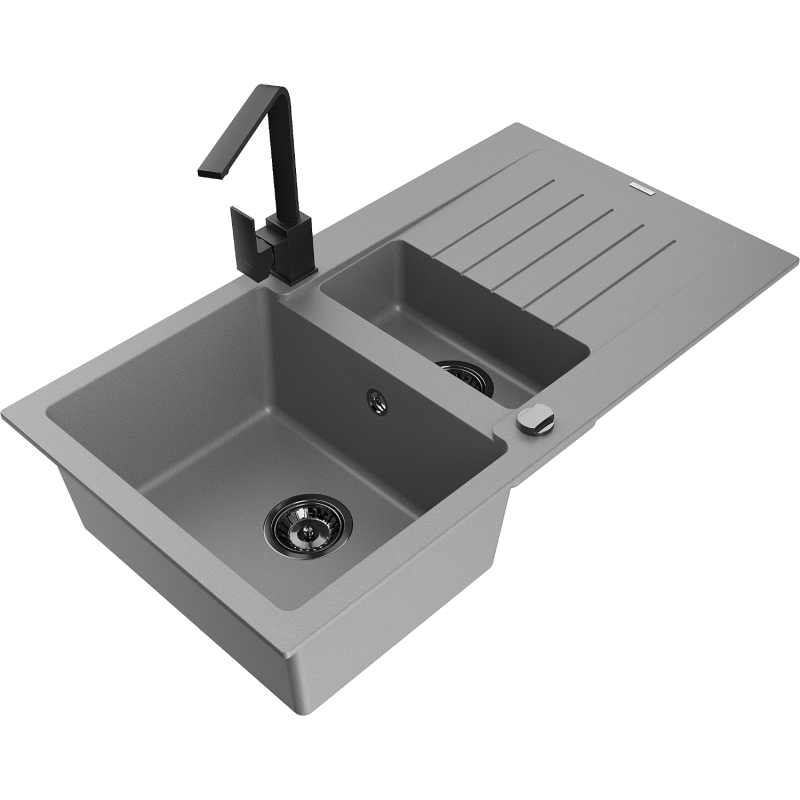 Mexen Matias гранитна мивка с 1,5 камери с дренаж и кухненски смесител Rita, сив