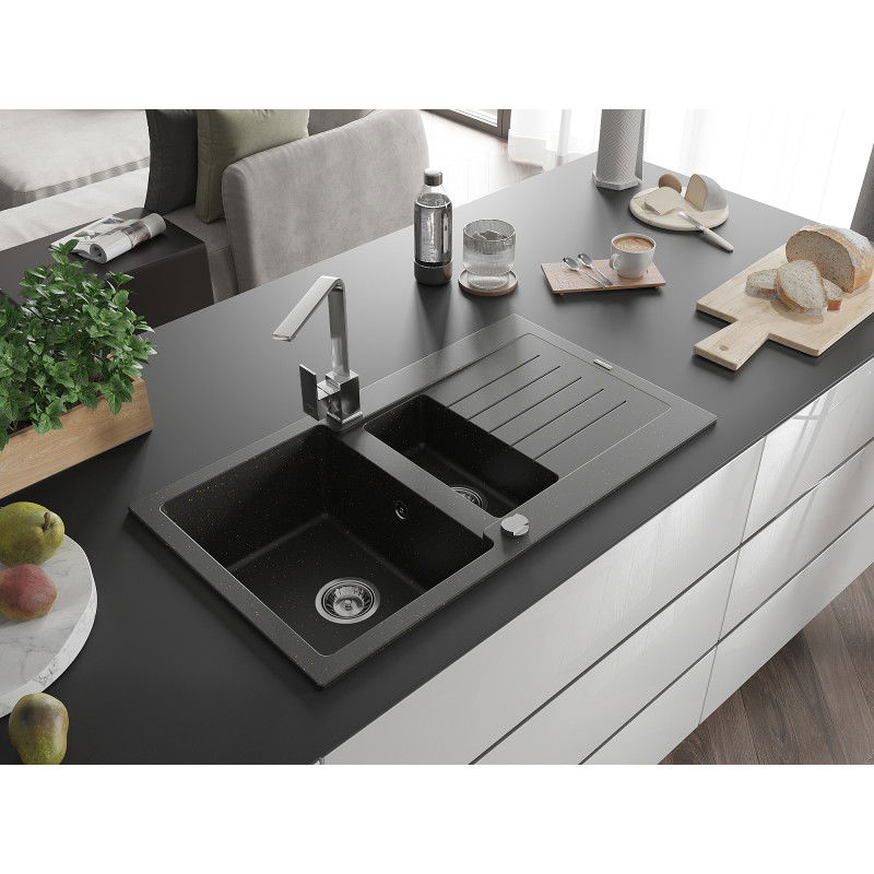 Mexen Matias гранитна мивка с 1,5 камери с отцедник и кухненски смесител Rita, черен/златен - 6502-75-670300-00