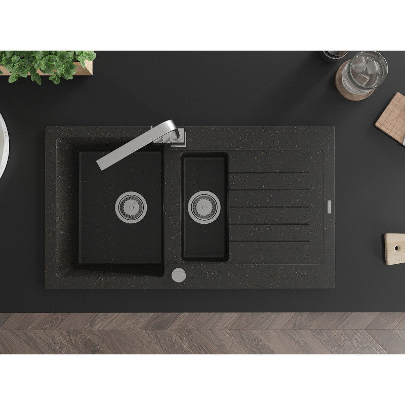 Mexen Matias гранитна мивка с 1,5 камери с отцедник и кухненски смесител Rita, черен/златен - 6502-75-670300-00