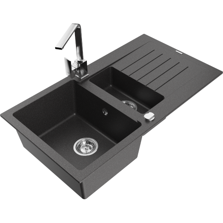 Mexen Matias гранитна мивка 1,5-корпусна с отцедник и кухненски смесител
