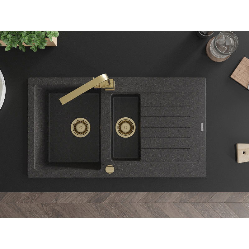 Mexen Matias гранитна кухненска мивка с 1,5 камери с отцедник и кухненски смесител Rita, черен на пръски - 6502-76-670300-50