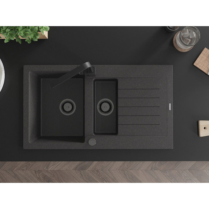 Mexen Matias гранитна мивка с 1,5 камери и отцедник с кухненски смесител Rita, черен на точки - 6502-76-670300-70-B