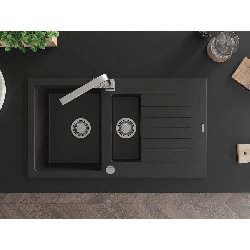 Mexen Matias гранитна мивка с 1,5 камери с отцедник и кухненски смесител Rita, черен - 6502-77-670300-00
