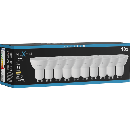 Mexen Nova 10x LED крушка GU10, 1,5W, Топло - 3000K, 158 lm - L107-GU10-0130-01x10