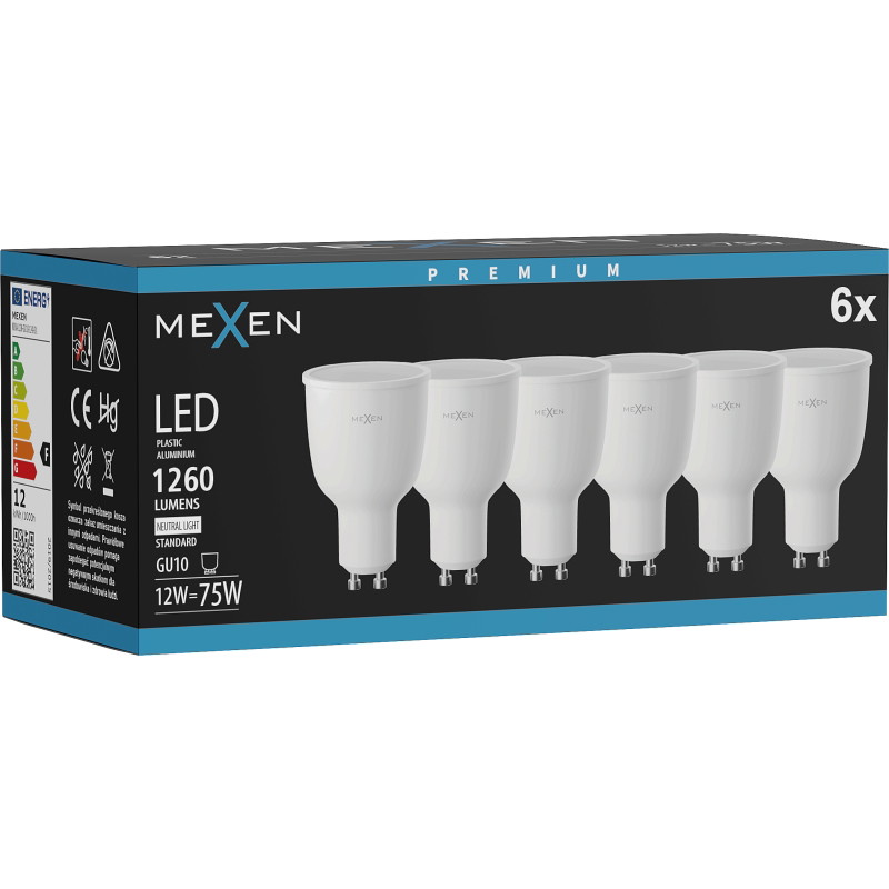 Mexen Nova 6x LED крушка GU10, 12W, Неутрална - 4000K, 1260 lm - L108-GU10-1240-01x06