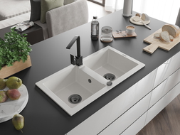 Mexen Mario гранитна мивка с 2 отделения и кухненски смесител Rita, бял - 6504-20-670300-70
