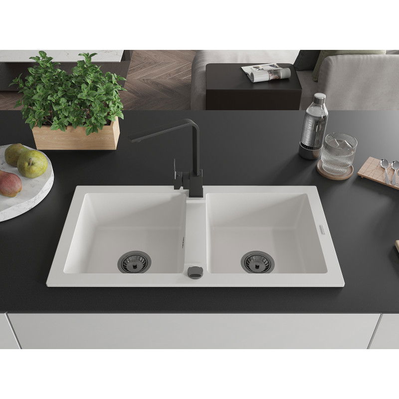 Mexen Mario гранитна мивка с 2 отделения и кухненски смесител Rita, бял - 6504-20-670300-70