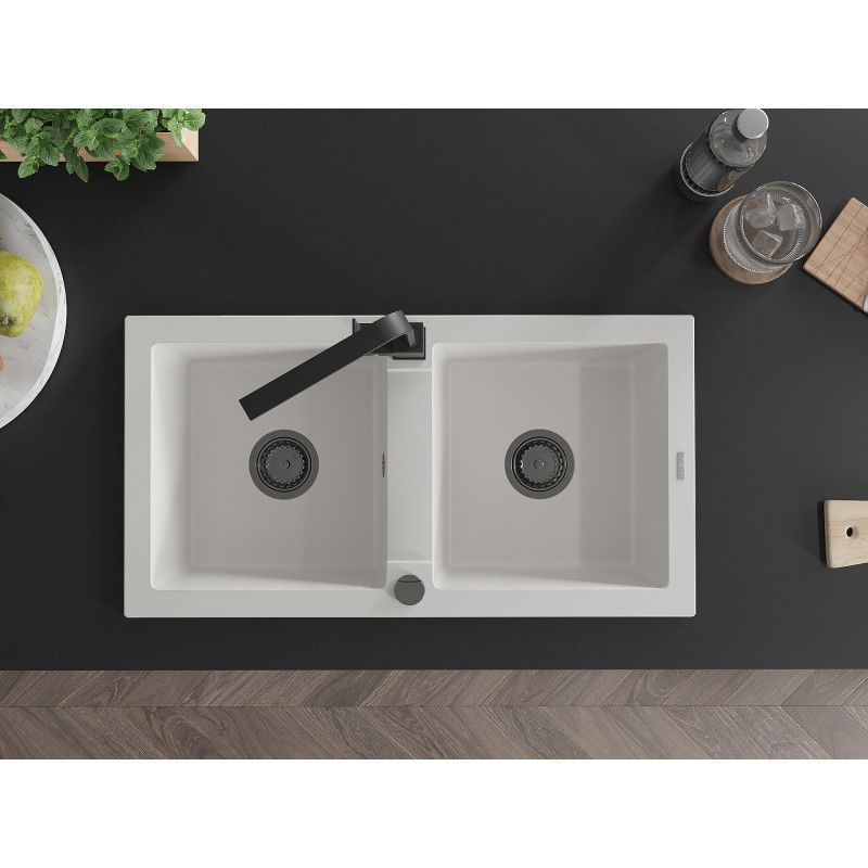Mexen Mario гранитна мивка с 2 отделения и кухненски смесител Rita, бял - 6504-20-670300-70