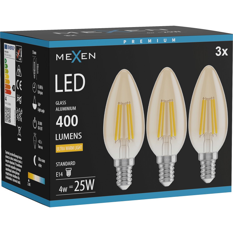 Mexen Vintis 3x LED нажежаем филтър E14, C35, 4W, Топла - 2200K, 400 lm, кехлибар