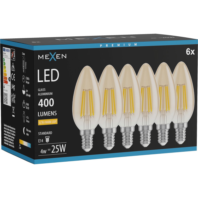 Mexen Vintis 6x LED Едисонова крушка E14, C35, 4W, Топло - 2200K, 400 lm, кехлибар