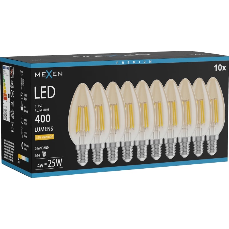 Mexen Vintis 10x LED филамент крушка E14, C35, 4W, Топла - 2200K, 400 lm, кехлибар